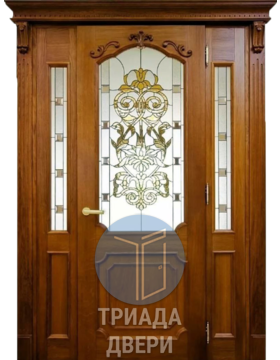 парадная стальная дверь с массивом дерева и боковыми вставками