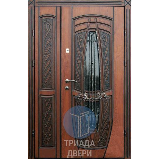 металлическая двустворчатая дверь с терморазрывом, ковкой и стеклом